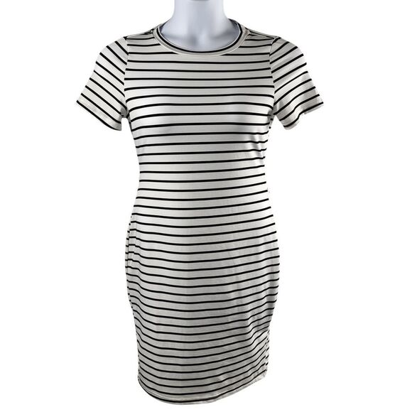 Shein Curve Size 12 Knee Length Dress Black and White Striped Silky Bodycon - Picture 5 of 11